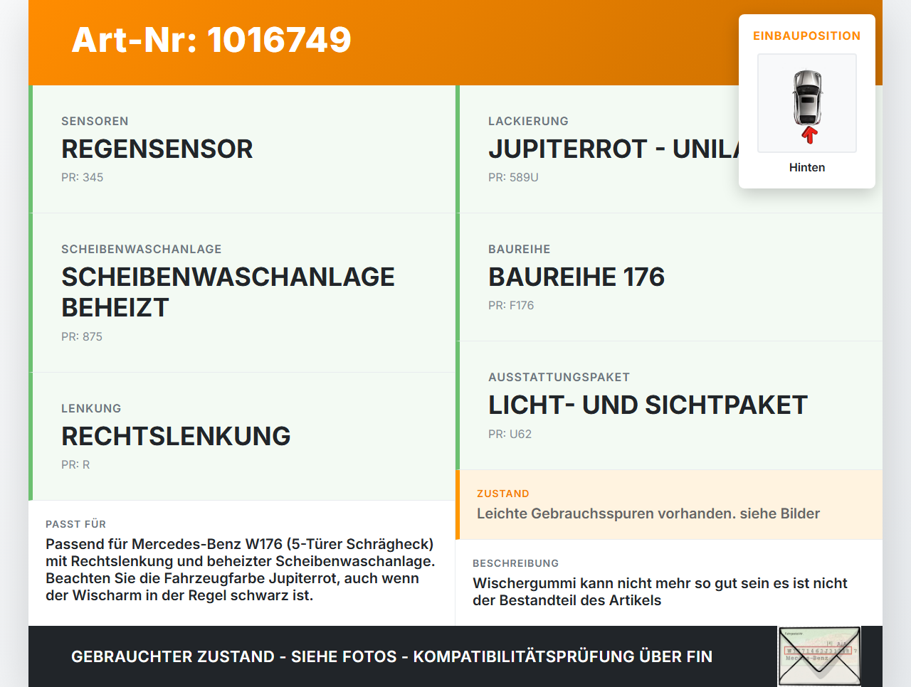 Mercedes W176 A200 12-15 Heckwischer Scheibenwischer Hinten Wischarm Mercedes W176 A200 12-15 28.01.2015... Vorschau 3