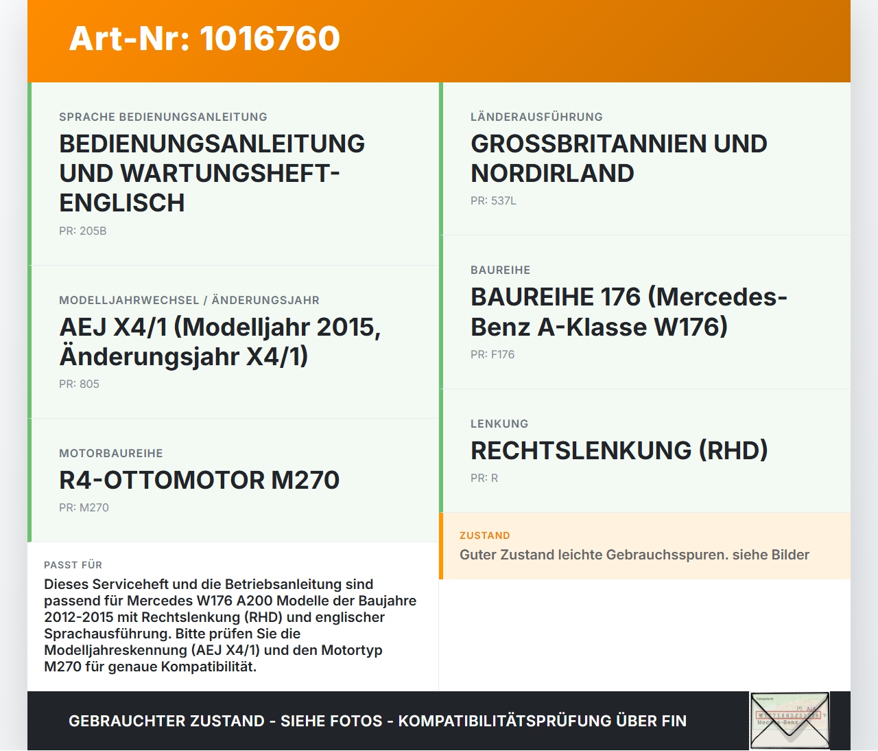 Mercedes W176 A200 12-15 Serviceheft Betriebsanleitung Anleitung Bordmappe Mercedes W176 A200 12-15 28.01.2015 gebraucht Vorschau 3