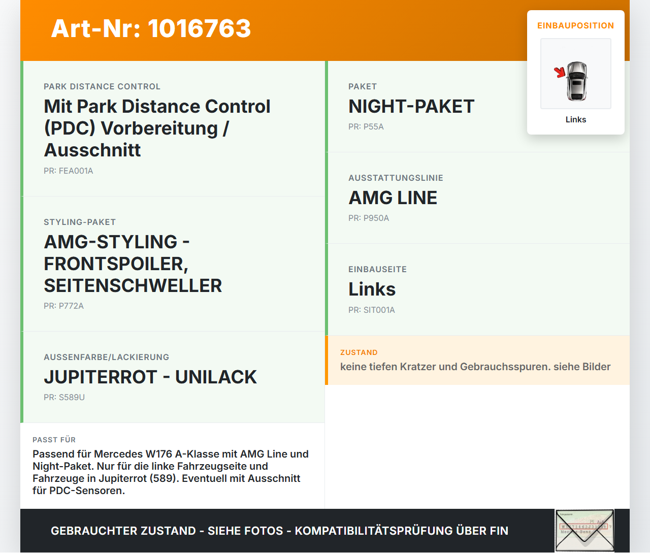 Mercedes W176 A200 12-15 Frontblende Frontleiste Links Mercedes W176 A200 12-15 28.01.2015 A1768851322 A1768851522... Vorschau 3