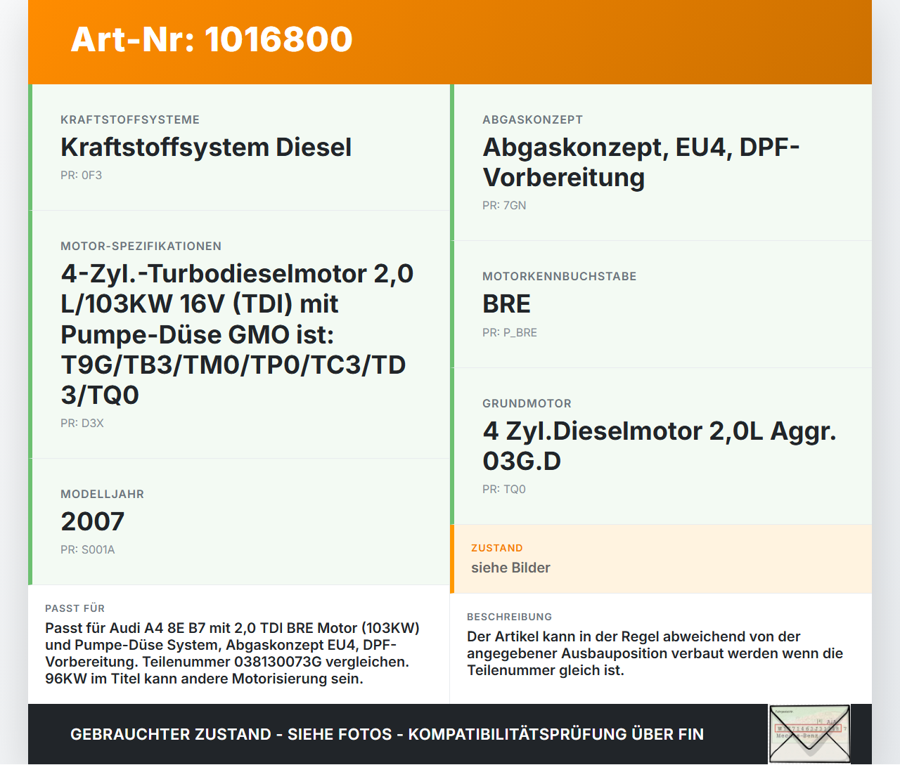 Audi A4 8E B7 04-08  2,0 96KW Injektor Einspritzdüse Pumpe-Düse Zyl.2 Audi A4 8E B7 04-08 28.03.2007 03G130073G... Vorschau 3