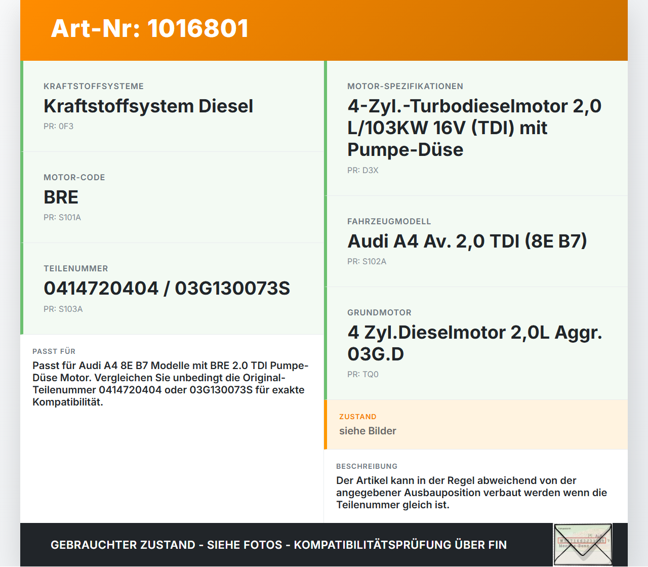 Audi A4 8E B7 04-08  2,0 96KW Injektor Einspritzdüse Pumpe-Düse Zyl.3 Audi A4 8E B7 04-08 28.03.2007 03G130073G... Vorschau 3