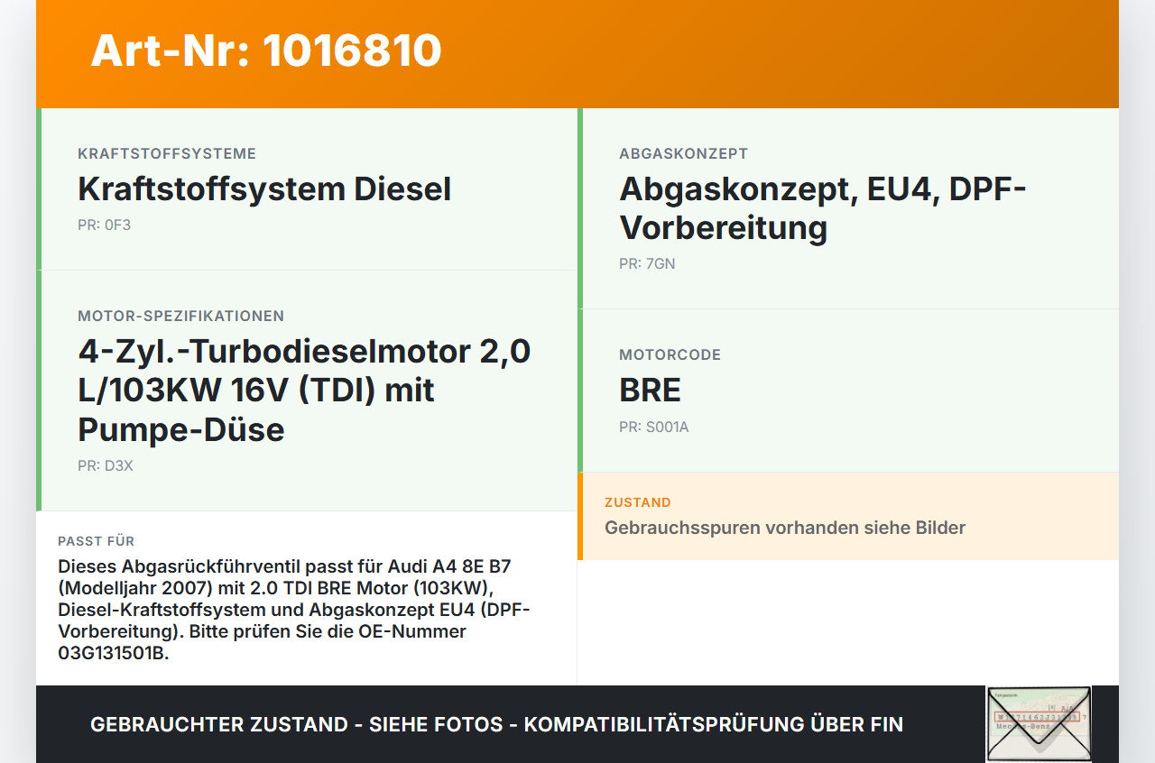 Audi A4 8E B7 04-08  2,0 96KW BRE Abgasrückführventil Abgasregelventil Audi A4 8E B7 04-08 28.03.2007 03G131501R... Vorschau 3