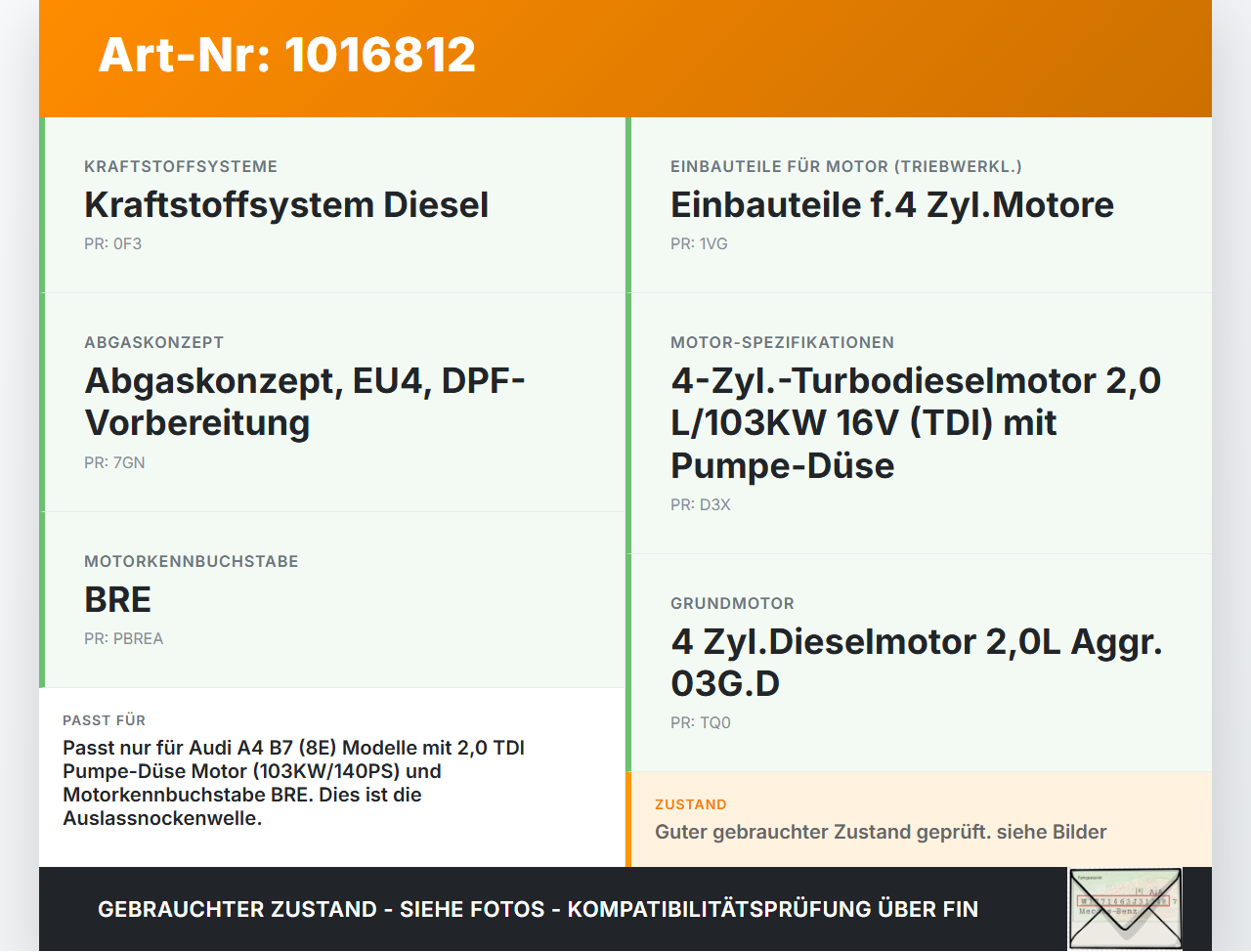Audi A4 8E B7 04-08  2,0 96KW BRE Nockenwelle Auslass Audi A4 8E B7 04-08 28.03.2007 03G109102C gebraucht Vorschau 3