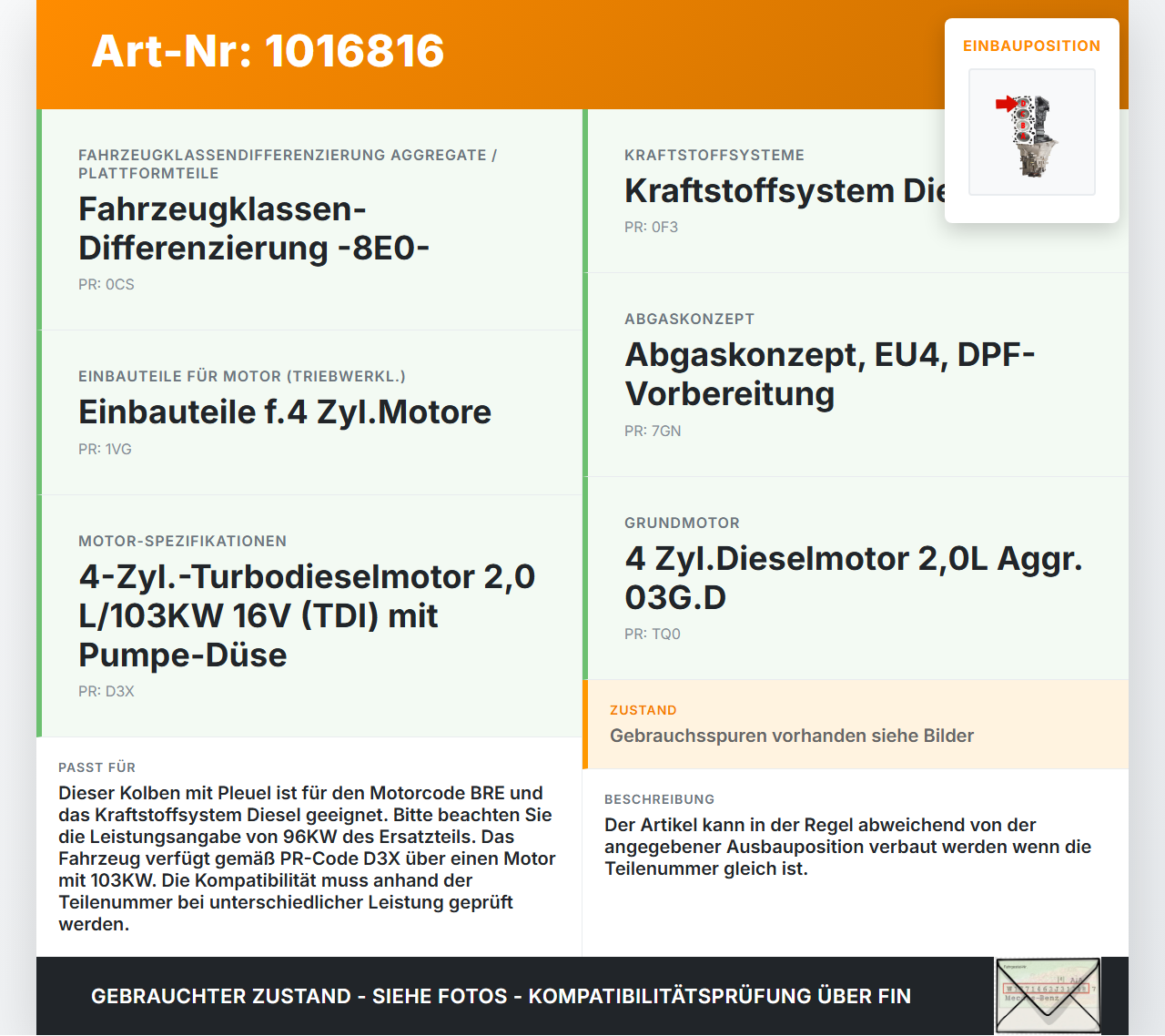 Audi A4 8E B7 04-08  2,0 96KW BRE Kolben mit Pleuel Pos D Audi A4 8E B7 04-08 28.03.2007 gebraucht Vorschau 3