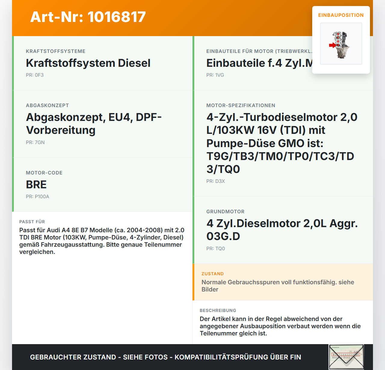 Audi A4 8E B7 04-08  2,0 96KW BRE Kolben mit Pleuel Pos A Audi A4 8E B7 04-08 28.03.2007 gebraucht Vorschau 3