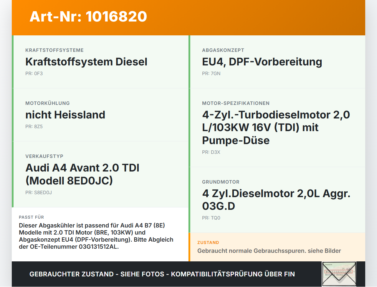 Audi A4 8E B7 04-08  2,0 96KW Abgaskühlung Wärmetauscher Audi A4 8E B7 04-08 28.03.2007 03G131512AL gebraucht Vorschau 3