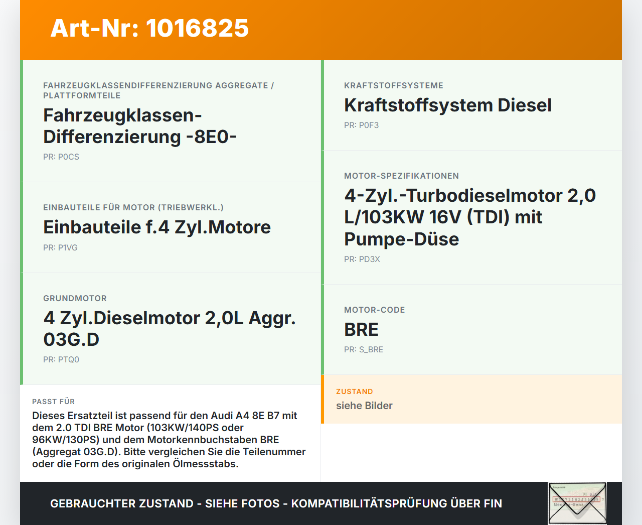 Audi A4 8E B7 04-08  2,0 96KW BRE Ölmessstab Öl Stab Audi A4 8E B7 04-08 28.03.2007 03G115611T gebraucht Vorschau 3