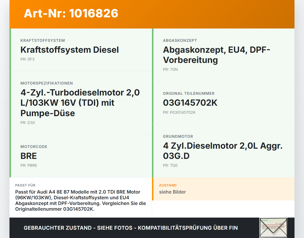Audi A4 8E B7 04-08  2,0 96KW BRE Turbolader Turbo Abgasturbolader Audi A4 8E B7 04-08 28.03.2007 03G145702K gebraucht Vorschau 3