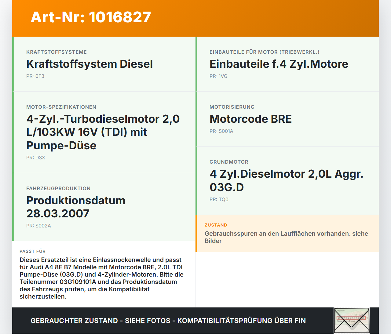 Audi A4 8E B7 04-08  2,0 96KW BRE Nockenwelle Nockenwellenversteller Einlass Audi A4 8E B7 04-08 28.03.2007... Vorschau 3