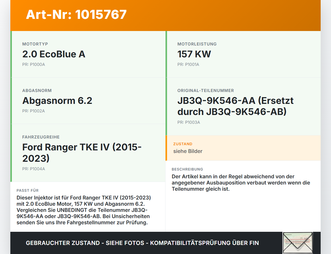 Ford Ranger TKE IV 15-23 2,0D 157KW Injektor Einspritzdüse Pos.4 Ford Ranger TKE IV 15-23 25.11.2021 JB3Q-9K546-AA... Vorschau 3
