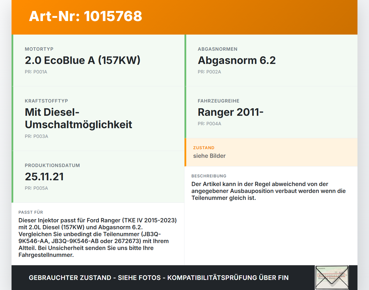 Ford Ranger TKE IV 15-23 2,0D 157KW Injektor Einspritzdüse Ford Ranger TKE IV 15-23 25.11.2021 JB3Q-9K546-AA... Vorschau 3