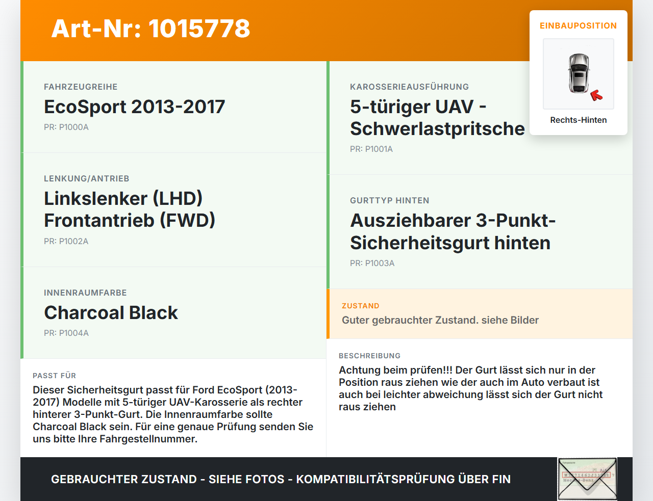Ford EcoSport 12-22 Gurt Sicherheitsgurt Rechts Hinten Ford EcoSport 12-22 14.10.2014 CN15-A611B68-EL3JA6... Vorschau 3
