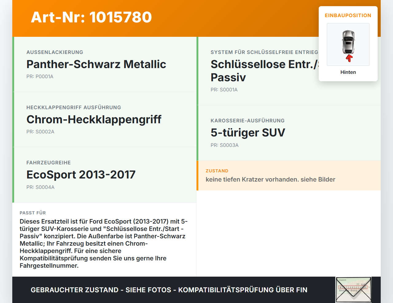 Ford EcoSport 12-22 Türgriff Griff Heckklappe Hinten Aussen Keyless Entry Ford EcoSport 12-22 14.10.2014... Vorschau 3