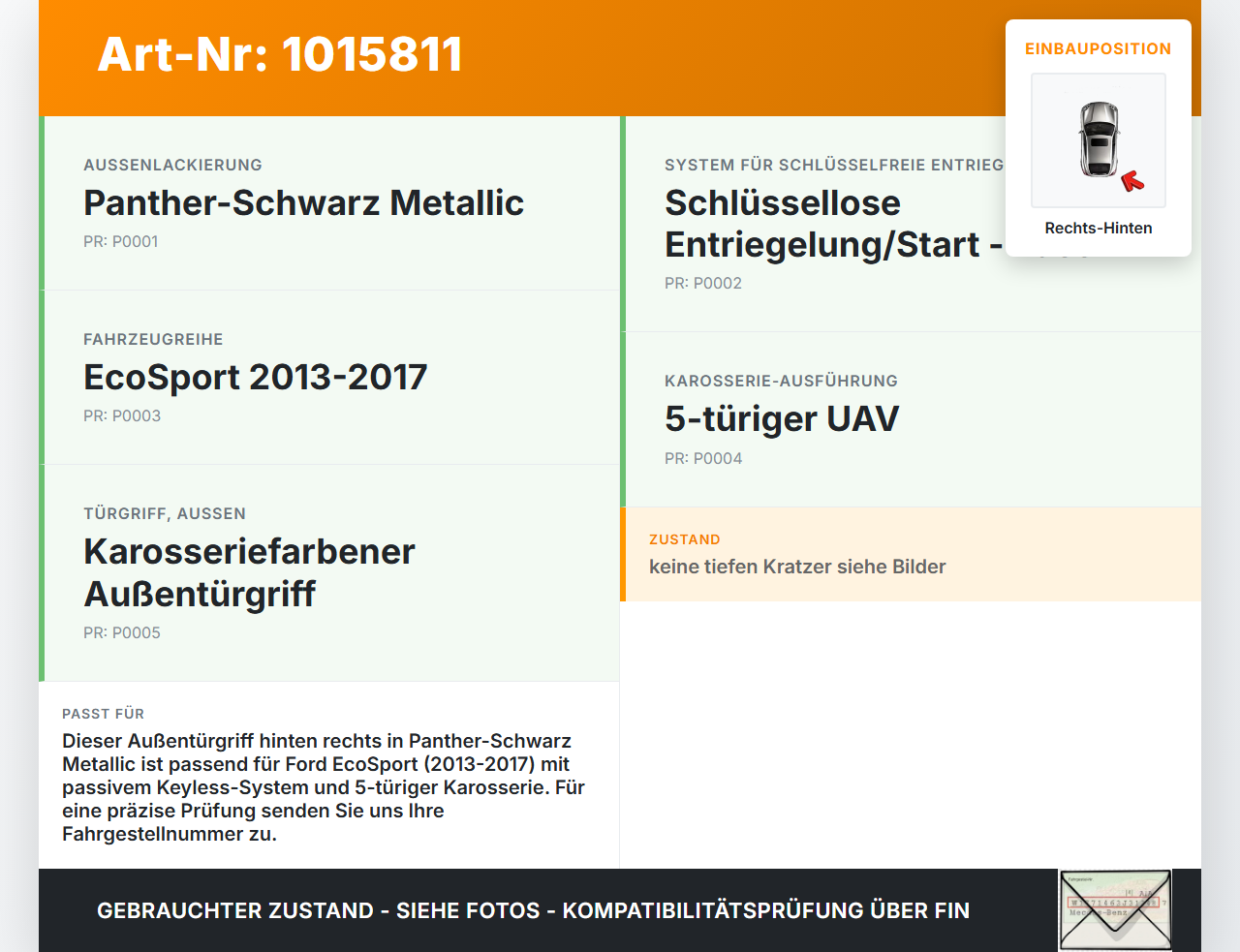 Ford EcoSport 12-22 Türgriff Griff aussen Rechts Hinten D Ford EcoSport 12-22 14.10.2014 AV11-R22404-BBXWAA gebraucht Vorschau 3