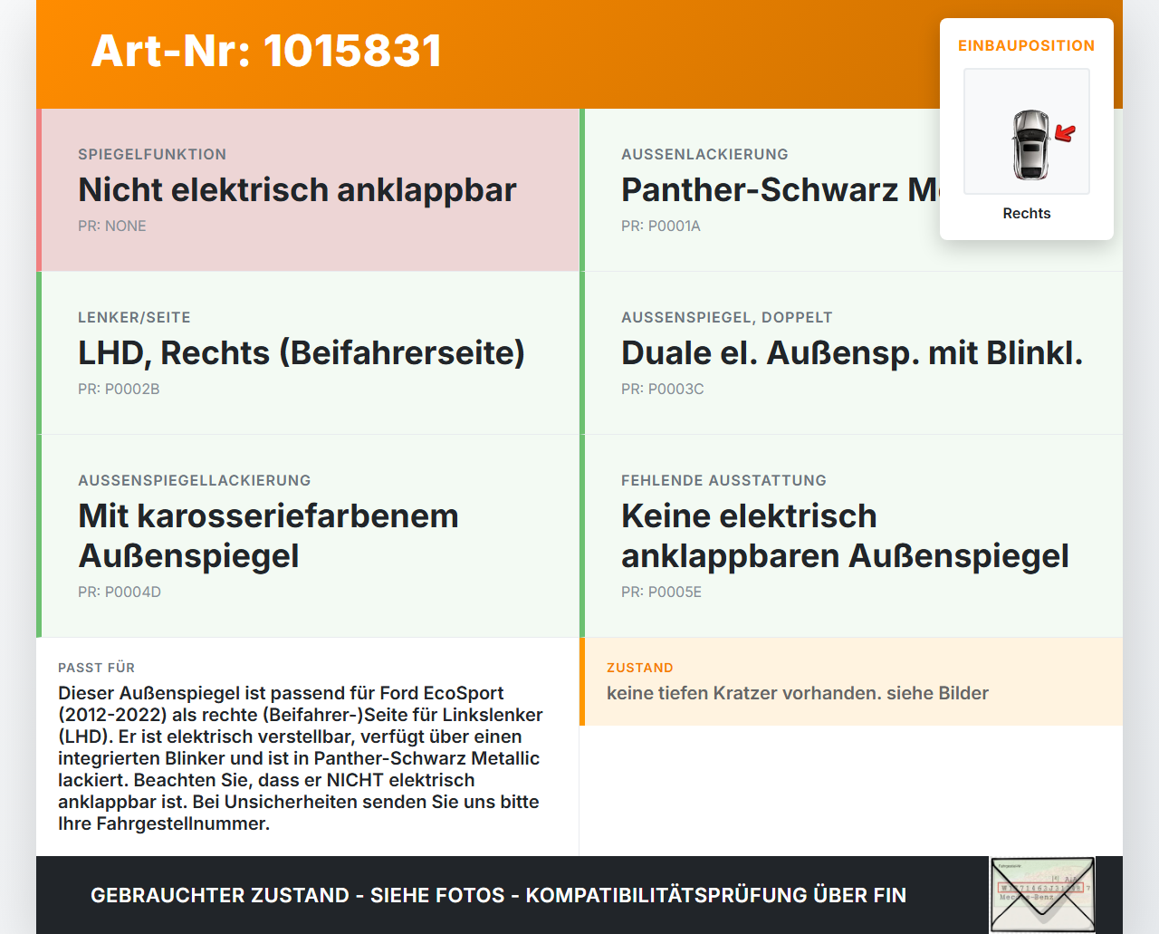 Ford EcoSport 12-22 Spiegel Aussenspiegel Rechts D Ford EcoSport 12-22 14.10.2014 CN15-17682-BG 2033780 gebraucht Vorschau 3