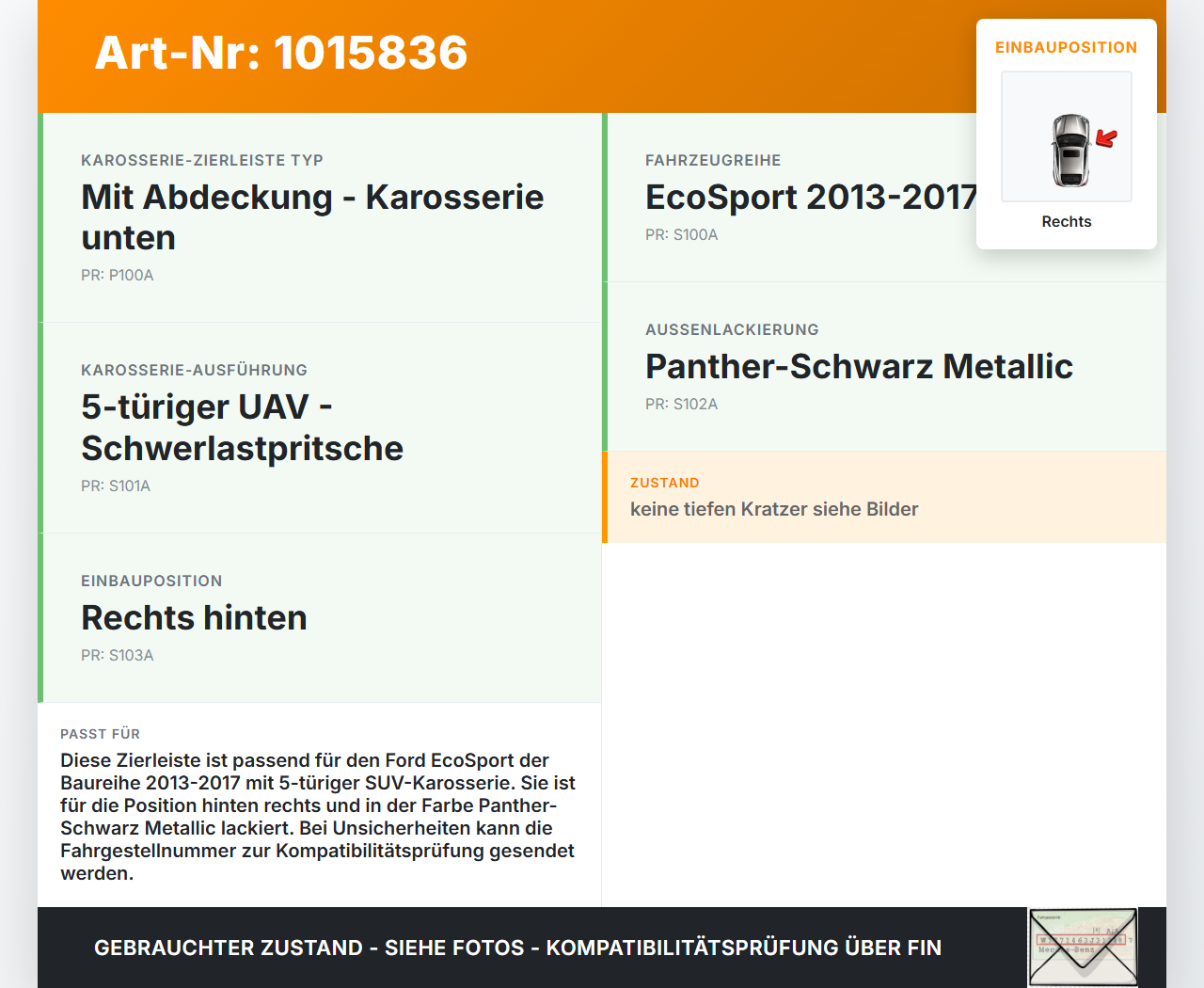 Ford EcoSport 12-22 Leiste Zierleiste für Kotflügel Rechts hintern D Ford EcoSport 12-22 14.10.2014 CN15-A27442-CAW... Vorschau 3