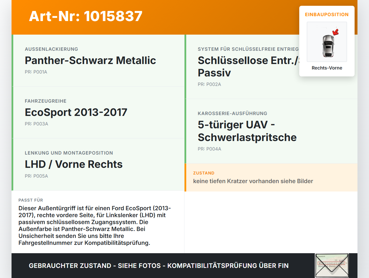 Ford EcoSport 12-22 Türgriff Griff aussen Rechts Vorne D Ford EcoSport 12-22 14.10.2014 gebraucht Vorschau 3