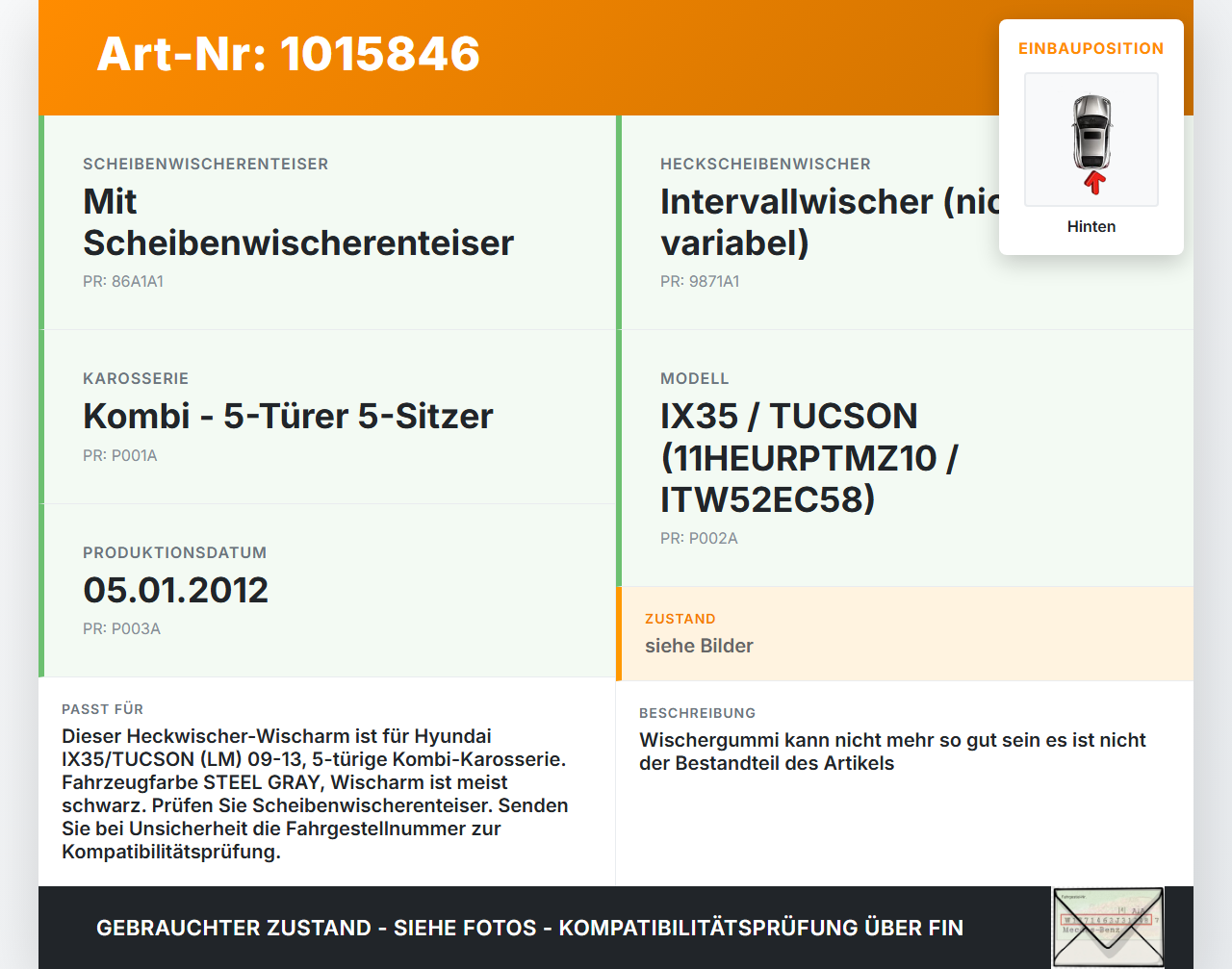 Hyundai IX35 LM 09-13 Heckwischer Scheibenwischer Hinten Wischarm Hyundai IX35 LM 09-13 16.03.2012 988111H000 gebraucht Vorschau 3