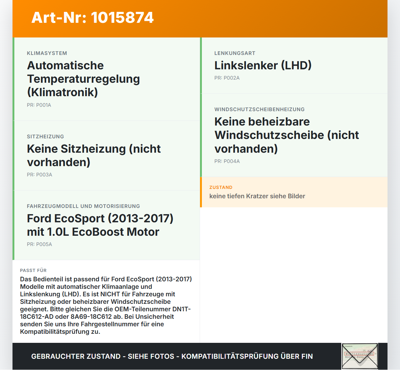 Ford EcoSport 12-22 Bedienteil Bedienelement Heizung Klimabedienteil Ford EcoSport 12-22 14.10.2014 DN1T-18C612-AD... Vorschau 3