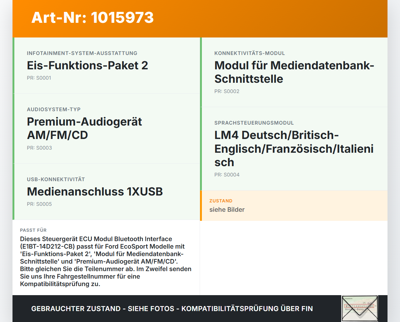 Ford EcoSport 12-22 Steuergerät ECU Modul Bluetooth Interface Ford EcoSport 12-22 14.10.2014 E1BT-14D212-RB... Vorschau 3