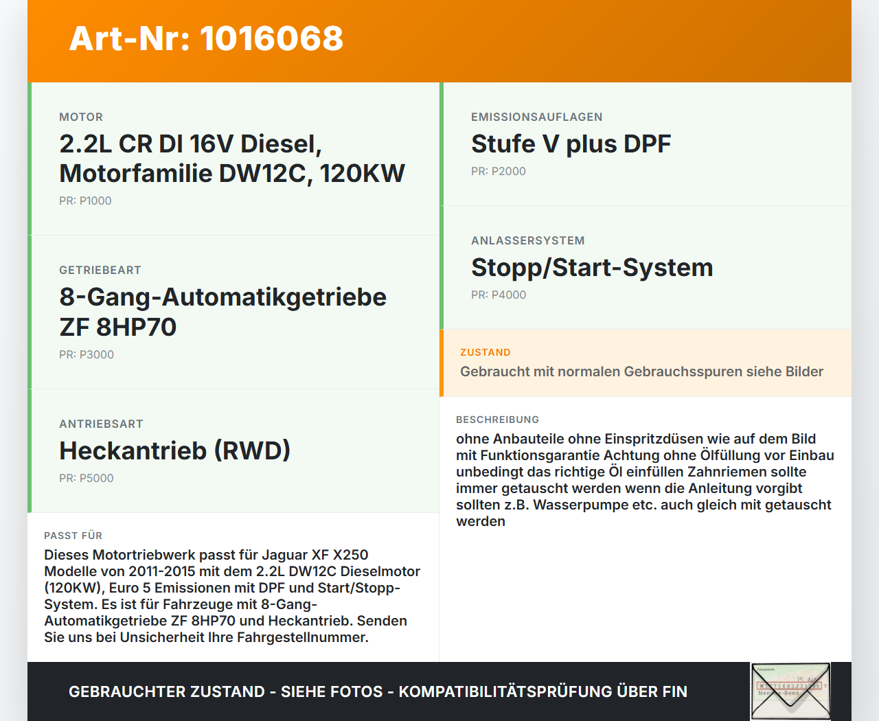 Jaguar XF X250 11-15 2,2D 120KW DW12C Motor Triebwerk Jaguar XF X250 11-15 08.04.2013 C2Z20549 gebraucht Vorschau 3