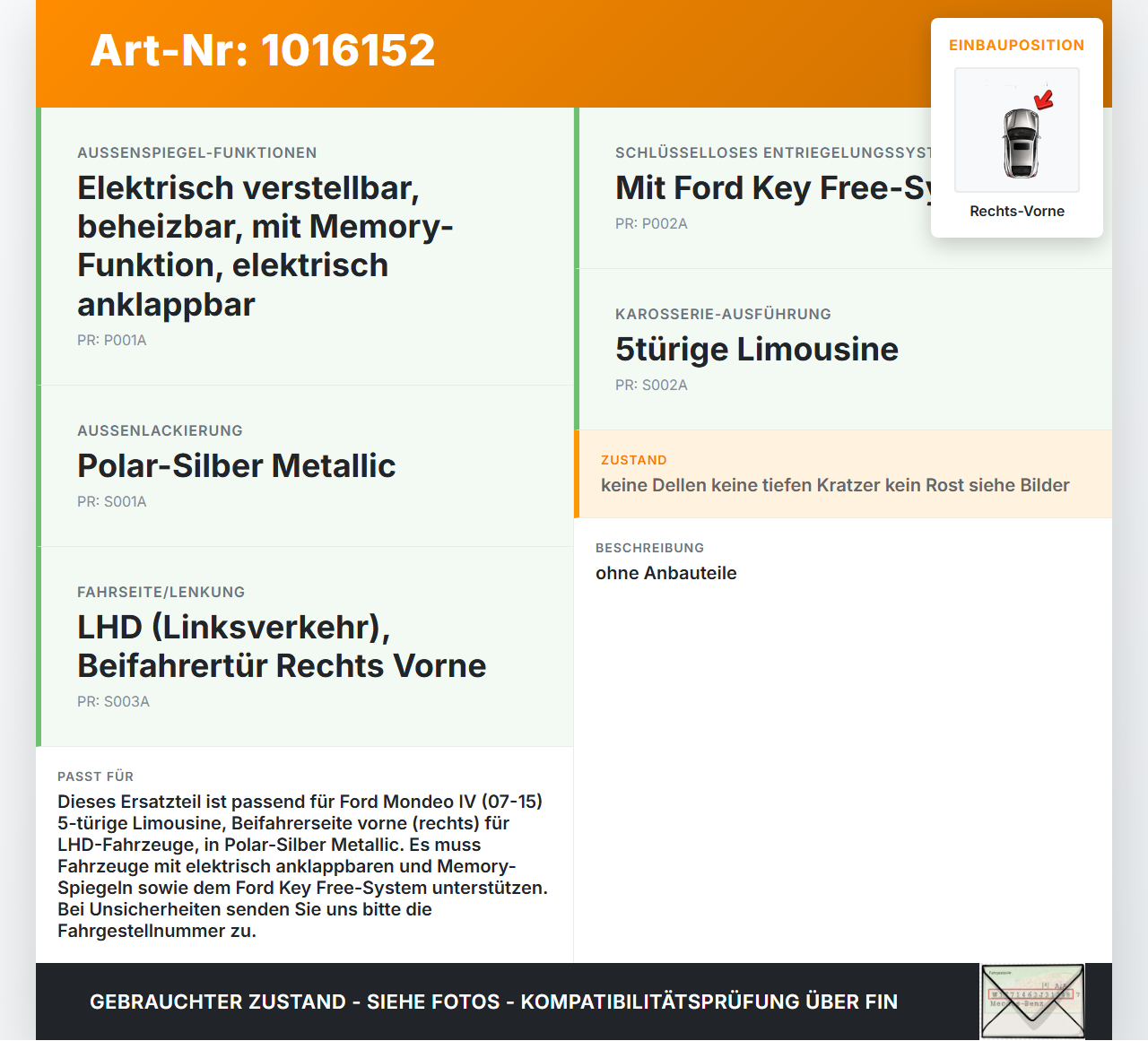 Ford Mondeo IV 4 07-15 Tür Beifahrertür Rechts Vorne 58 Ford Mondeo IV 4 07-15 03.03.2011 PBS71-A20124-AC 1778161... Vorschau 3