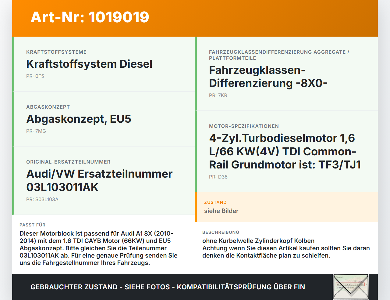 Audi A1 8X 10-14 TDI 1,6 66KW CAYB Motorblock für Motor Audi A1 8X 10-14 08.08.2011 03L103011AK gebraucht Vorschau 3