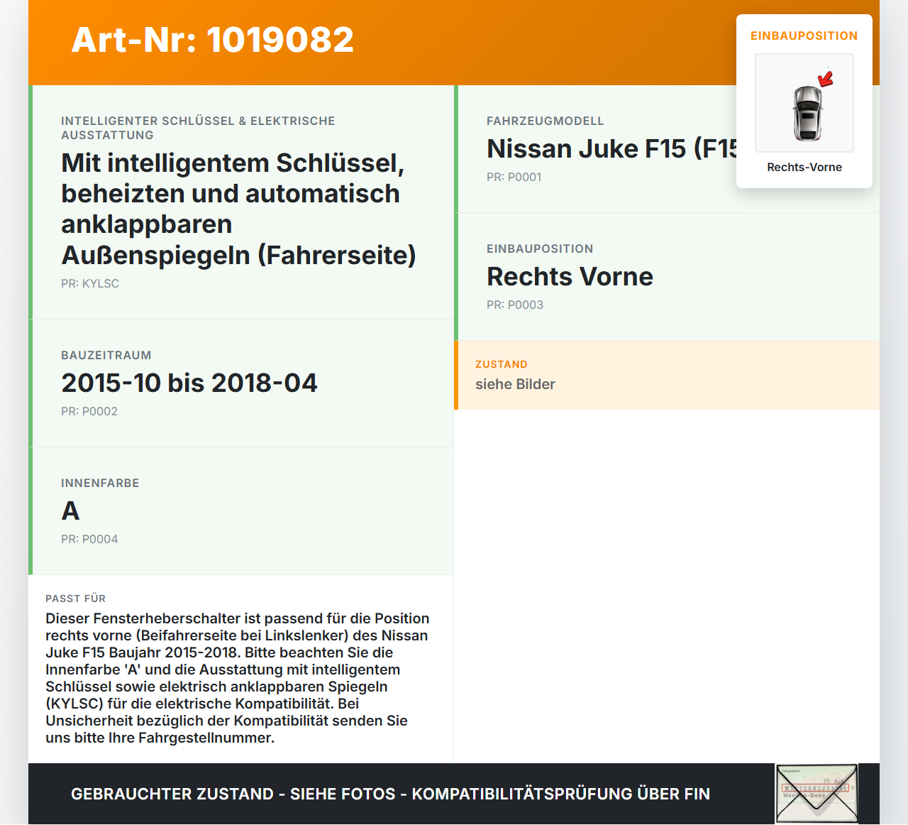 Nissan Juke F15 15-18 Fensterheberschalter Schalter Rechts Vorne Nissan Juke F15 15-18 01.01.2017 254111KA5A... Vorschau 3