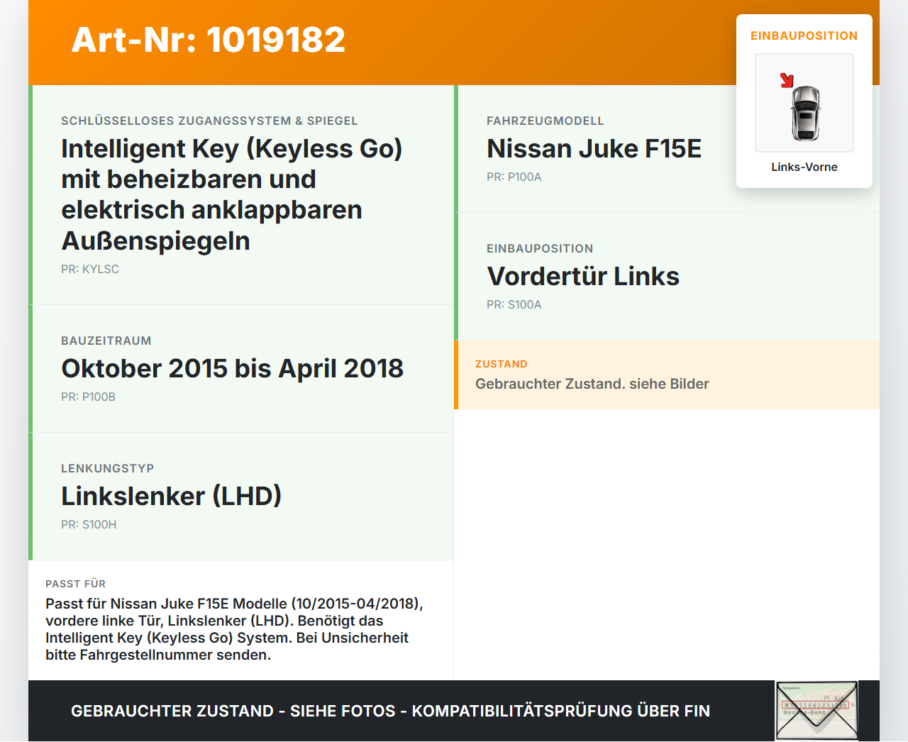 Nissan Juke F15 15-18 Türschloss mit ZV Stellmotor Links Vorne Nissan Juke F15 15-18 01.01.2017 80501BA60C gebraucht Vorschau 3
