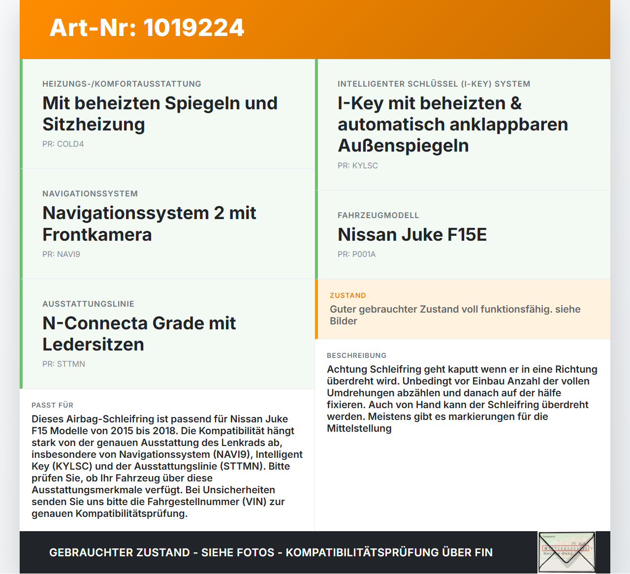 Nissan Juke F15 15-18 Airbag Schleifring Wickelfeder Nissan Juke F15 15-18 01.01.2017 17315SD gebraucht Vorschau 3