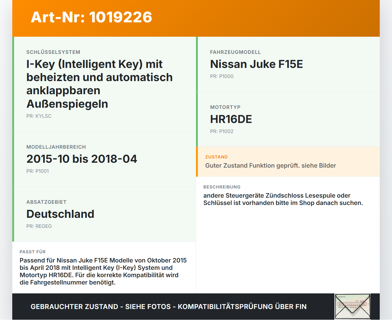 Nissan Juke F15 15-18 Lesespule Nissan Juke F15 15-18 01.01.2017 WK1A034B 2009DJ2357 gebraucht Vorschau 3