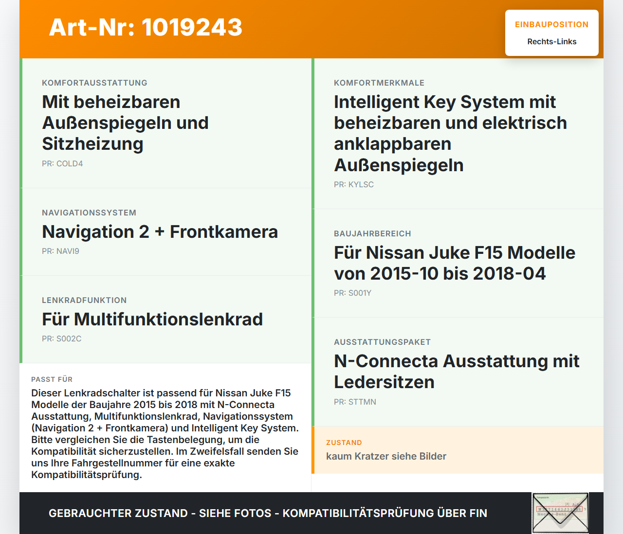 Nissan Juke F15 15-18 Lenkradschalter Multifunktionstasten Schalter für Lenkrad Rechts und Links Nissan Juke F15... Vorschau 3