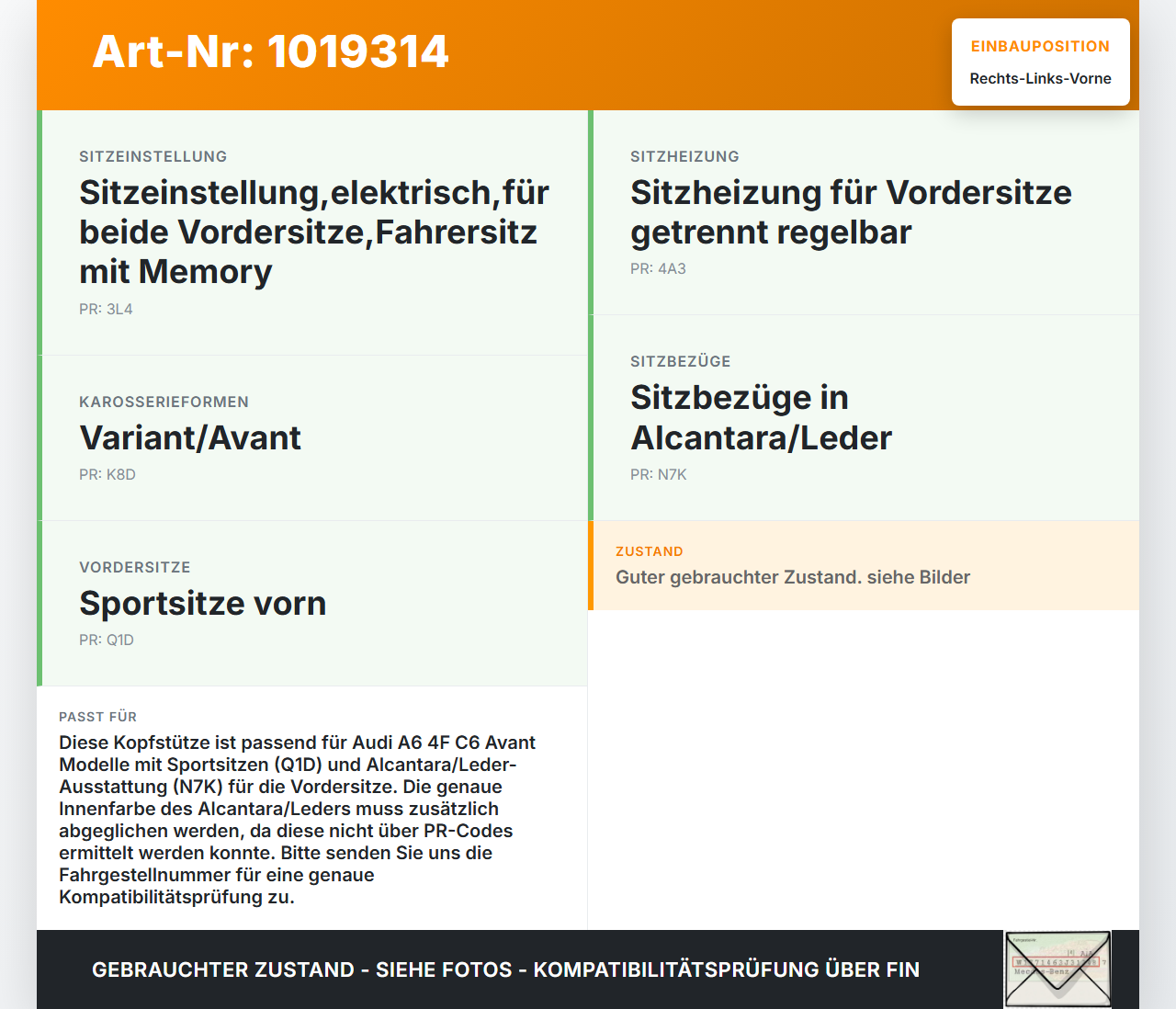Audi A6 4F C6 08-11 Kombi Kopfstütze für Beifahrer Sitz Rechts oder Links Vorne Audi A6 4F C6 08-11 10.03.2009... Vorschau 3