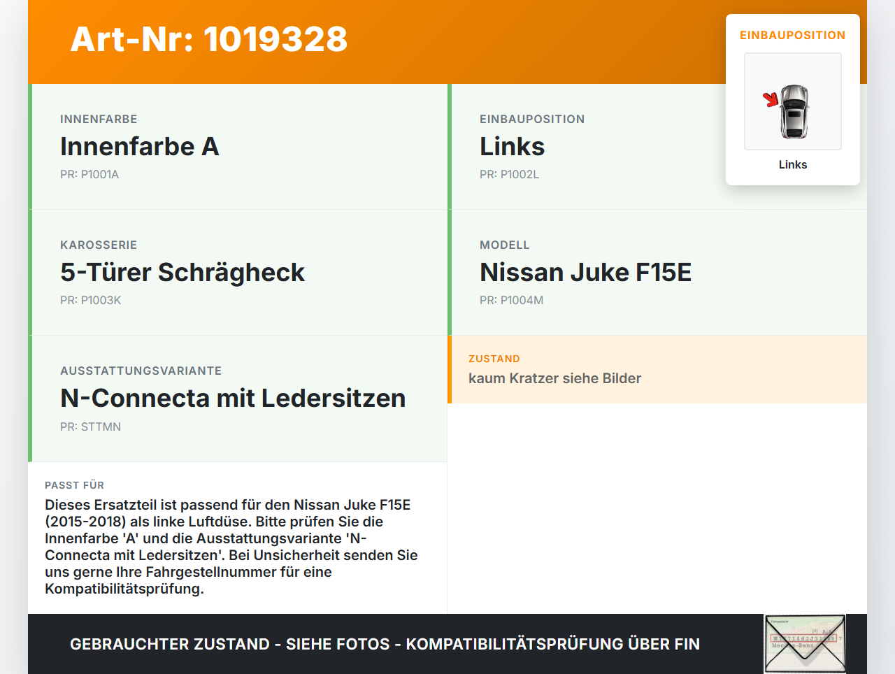 Nissan Juke F15 15-18 Luftdusche Luftdüse Links Nissan Juke F15 15-18 01.01.2017 68761BV80A X12C-CPM gebraucht Vorschau 3