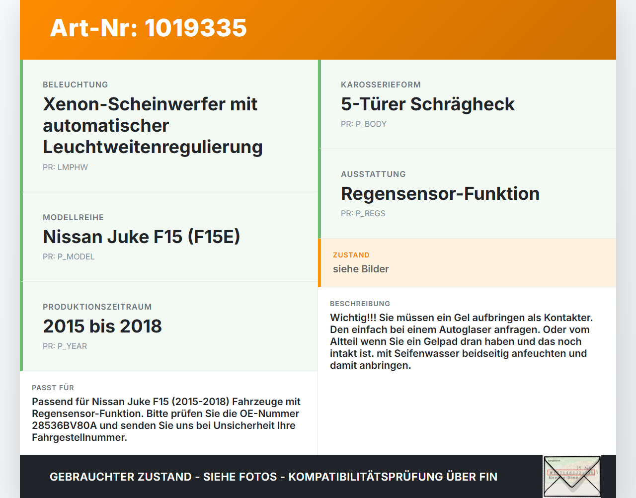 Nissan Juke F15 15-18 Regensensor Nissan Juke F15 15-18 01.01.2017 28536BV80A 6PW011465-10 gebraucht Vorschau 3