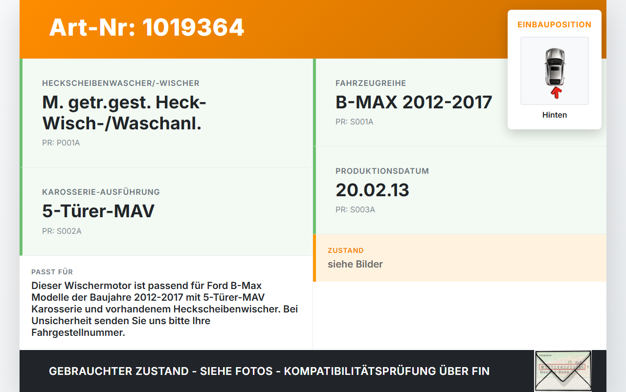 Ford B-Max 12-17 Wischermotor Hinten Heckwischermotor Ford B-Max 12-17 21.03.2013 AV61-17K441-AC W000014440 gebraucht Vorschau 3