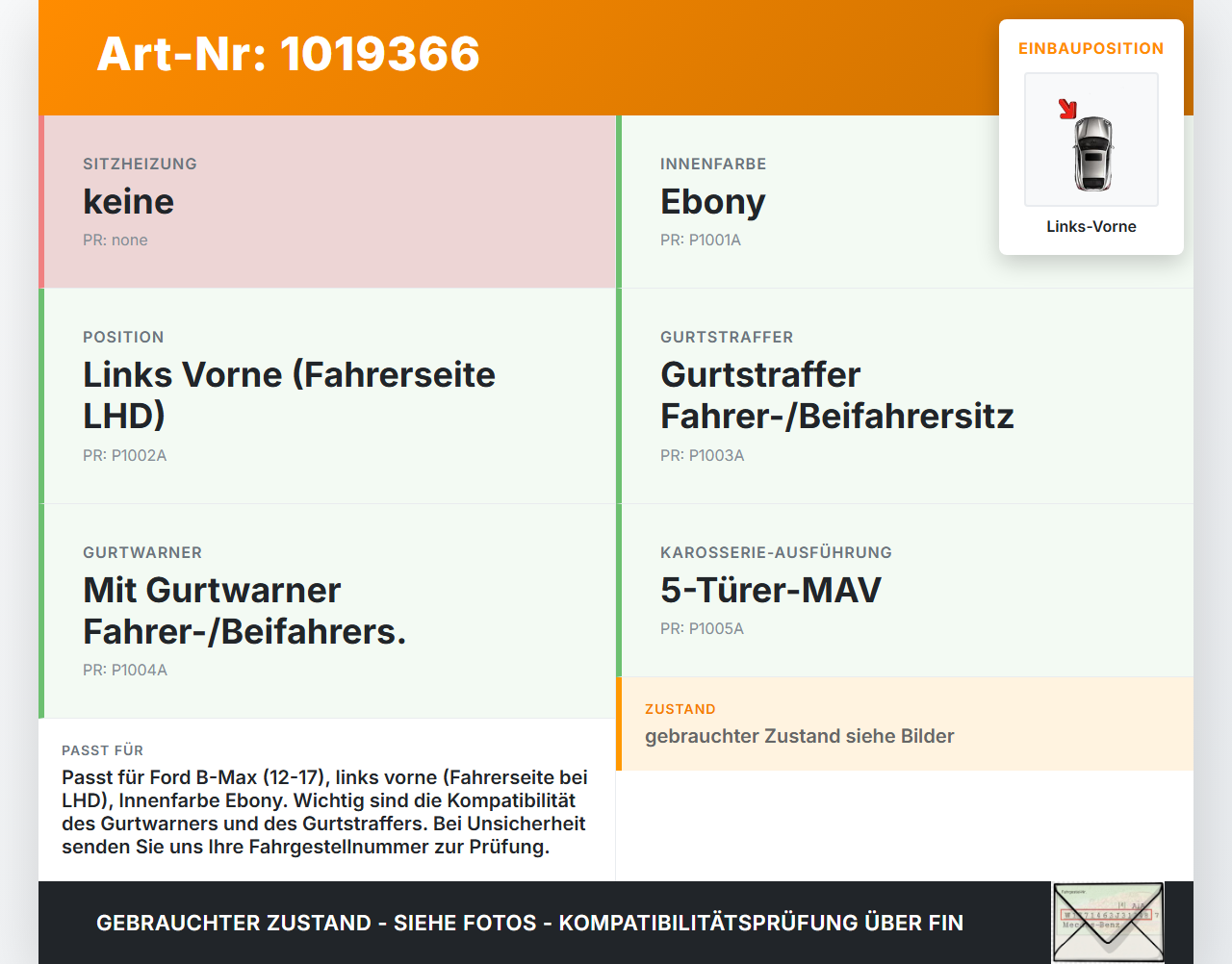 Ford B-Max 12-17 Gurtschloss Links Vorne Ford B-Max 12-17 21.03.2013 AV11-R61208-AC gebraucht Vorschau 3