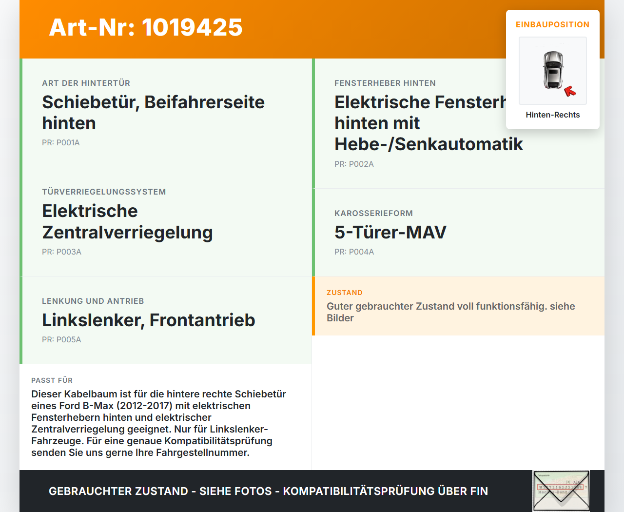 Ford B-Max 12-17 Kabelbaum Leitungssatz für Tür und Fensterheber Hinten Rechts Ford B-Max 12-17 21.03.2013 gebraucht Vorschau 3