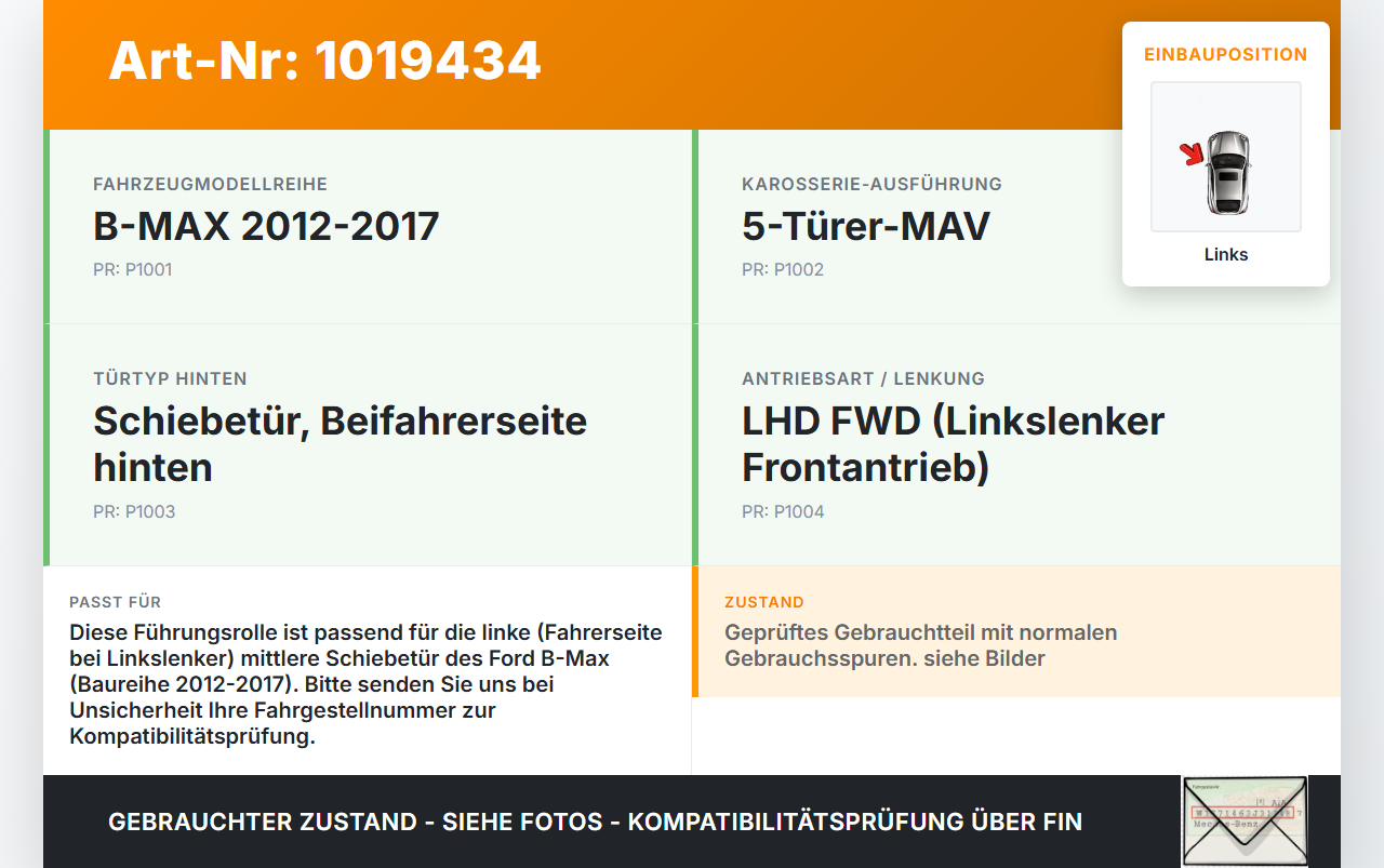 Ford B-Max 12-17 Führungsrolle für Schiebetür Links Mitte Ford B-Max 12-17 21.03.2013 AV11-R250A69-AF gebraucht Vorschau 3