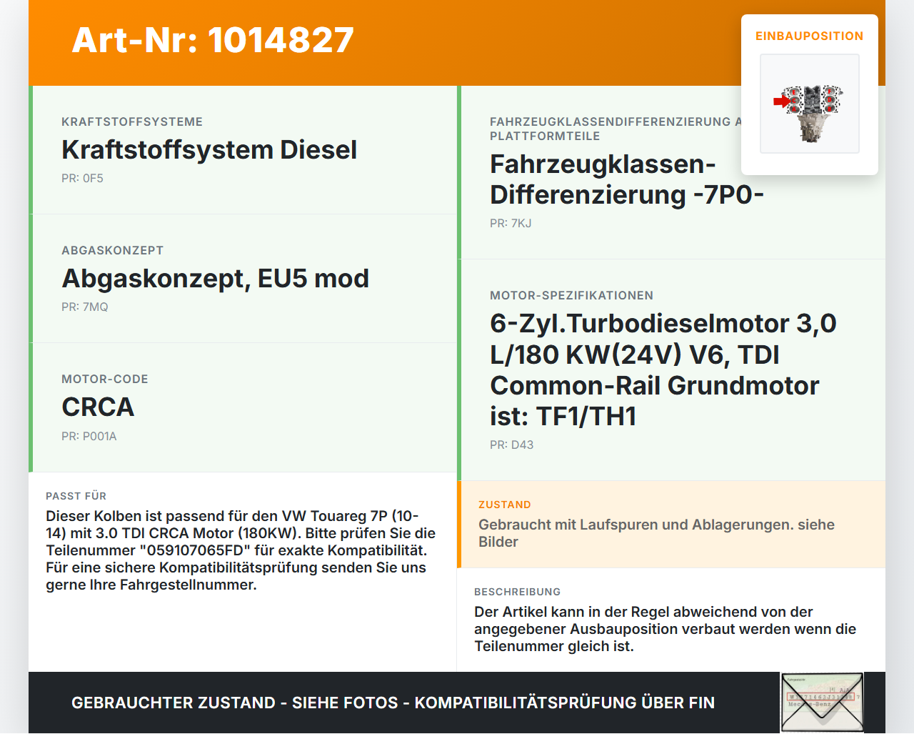 VW Touareg 7P 10-14 3,0 180KW CRCA Kolben mit Pleuel Pos C VW Touareg 7P 10-14 11.10.2011 059107065FD gebraucht Vorschau 3
