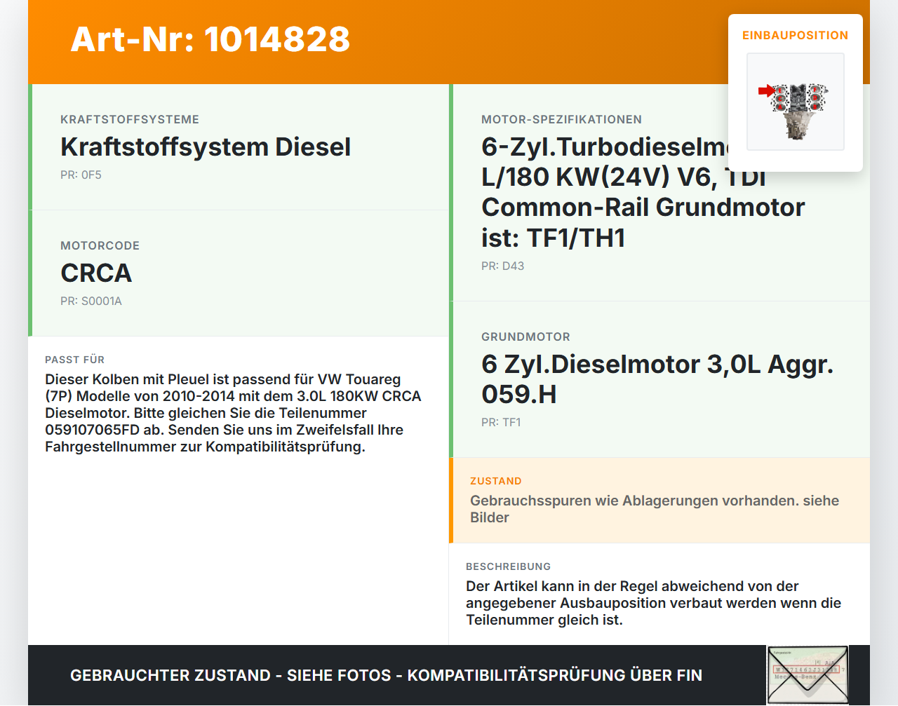 VW Touareg 7P 10-14 3,0 180KW CRCA Kolben mit Pleuel Pos E VW Touareg 7P 10-14 11.10.2011 059107065FD gebraucht Vorschau 3