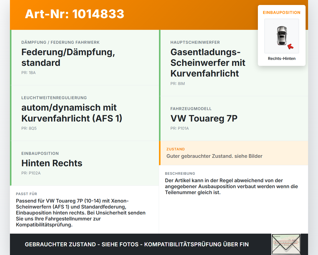 VW Touareg 7P 10-14 Xenon LWR Sensor Neigung Rechts Hinten VW Touareg 7P 10-14 11.10.2011 7P0616571 15.1601-0119.2... Vorschau 3