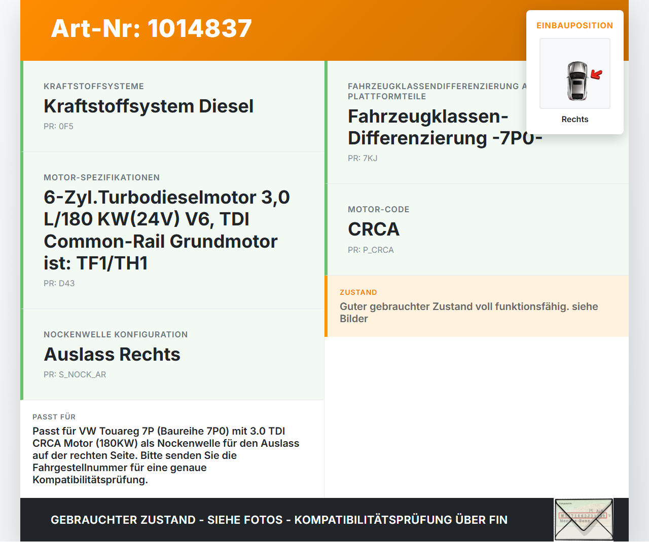 VW Touareg 7P 10-14 3,0 180KW CRCA Nockenwelle Auslass Rechts VW Touareg 7P 10-14 11.10.2011 059021FC 059109022CT... Vorschau 3