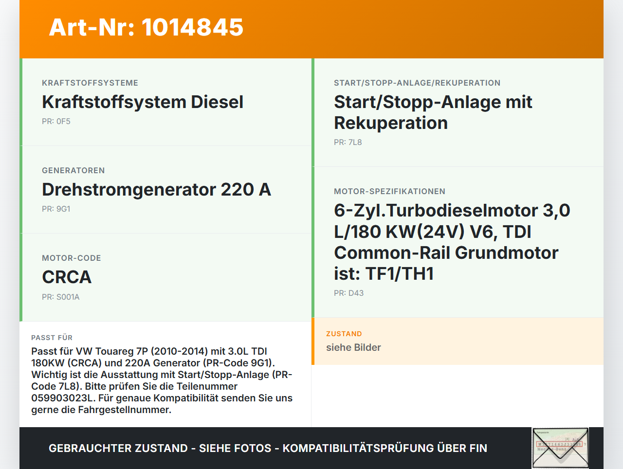 VW Touareg 7P 10-14 3,0 180KW Lichtmaschine Generator 220A VW Touareg 7P 10-14 11.10.2011 059903023L gebraucht Vorschau 3