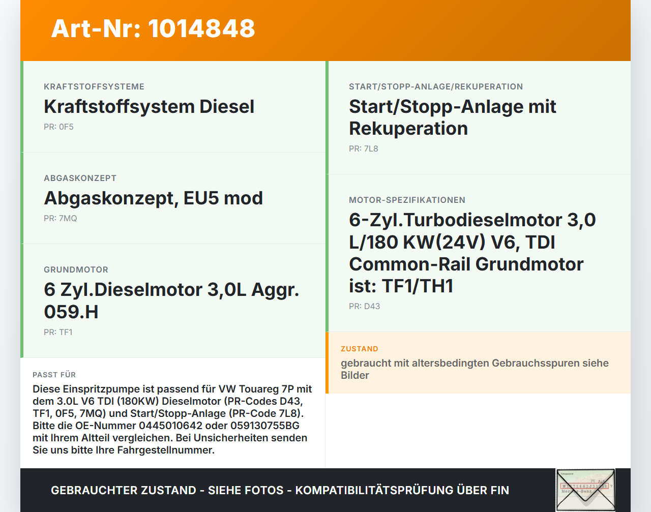 VW Touareg 7P 10-14 3,0 180KW Einspritzpumpe Hochdruckpumpe VW Touareg 7P 10-14 11.10.2011 0445010642 059130755BG... Vorschau 3