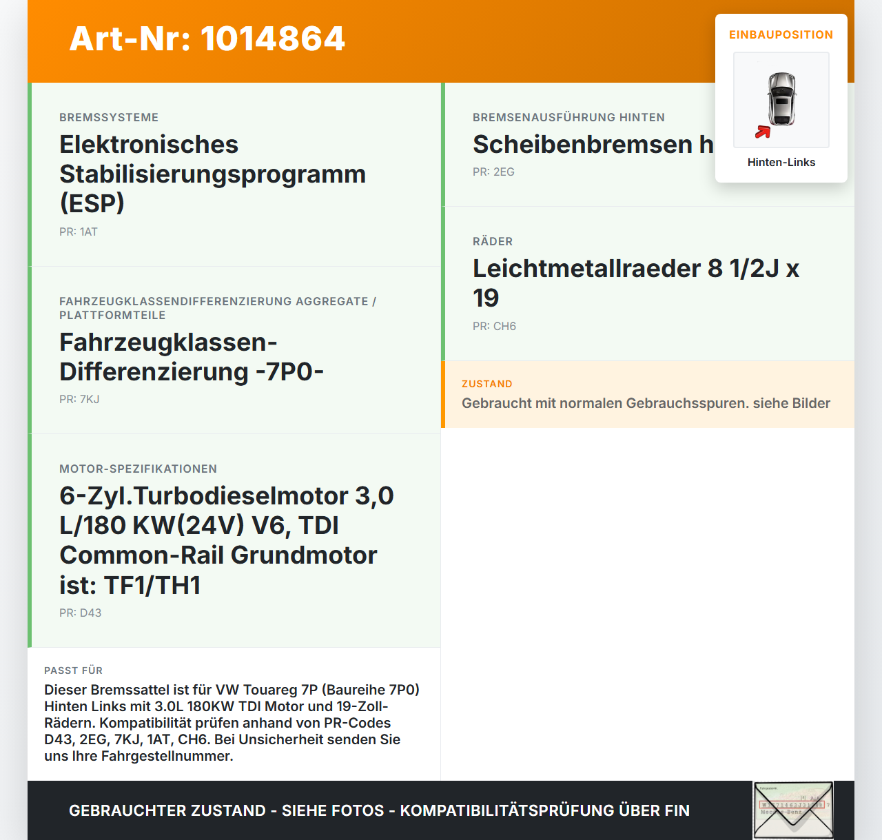 VW Touareg 7P 10-14 3,0 180KW Bremssattel Bremszange Hinten Links VW Touareg 7P 10-14 11.10.2011 7P0615423... Vorschau 3