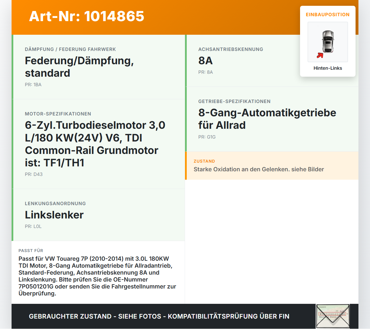 VW Touareg 7P 10-14  3,0 180KW 4WD Antriebswelle Gelenkwelle Hinten Links VW Touareg 7P 10-14 11.10.2011 7P0501201G... Vorschau 3