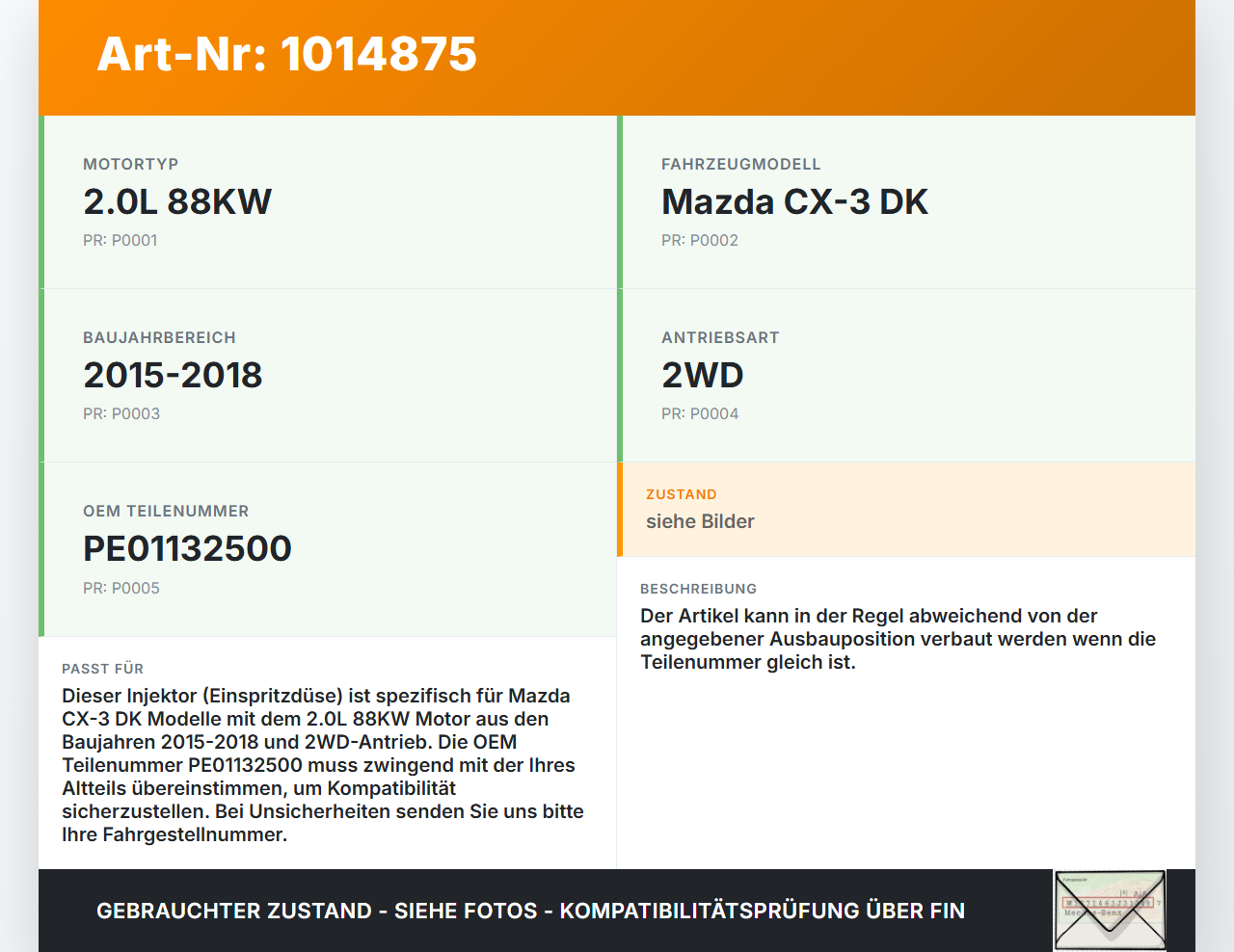 Mazda CX-3 DK 15-18 2,0 88KW Injektor Einspritzdüse Zyl.1 Mazda CX-3 DK 15-18 11.05.2017 PE01132500 gebraucht Vorschau 3