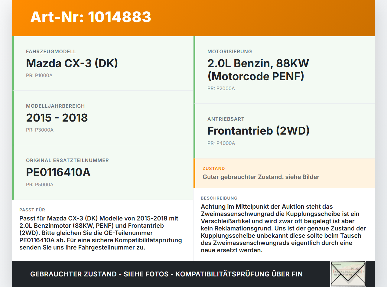 Mazda CX-3 DK 15-18 2,0 88KW PENF Zweimassenschwungrad Schwungrad Mazda CX-3 DK 15-18 11.05.2017 PE0116410A gebraucht Vorschau 3