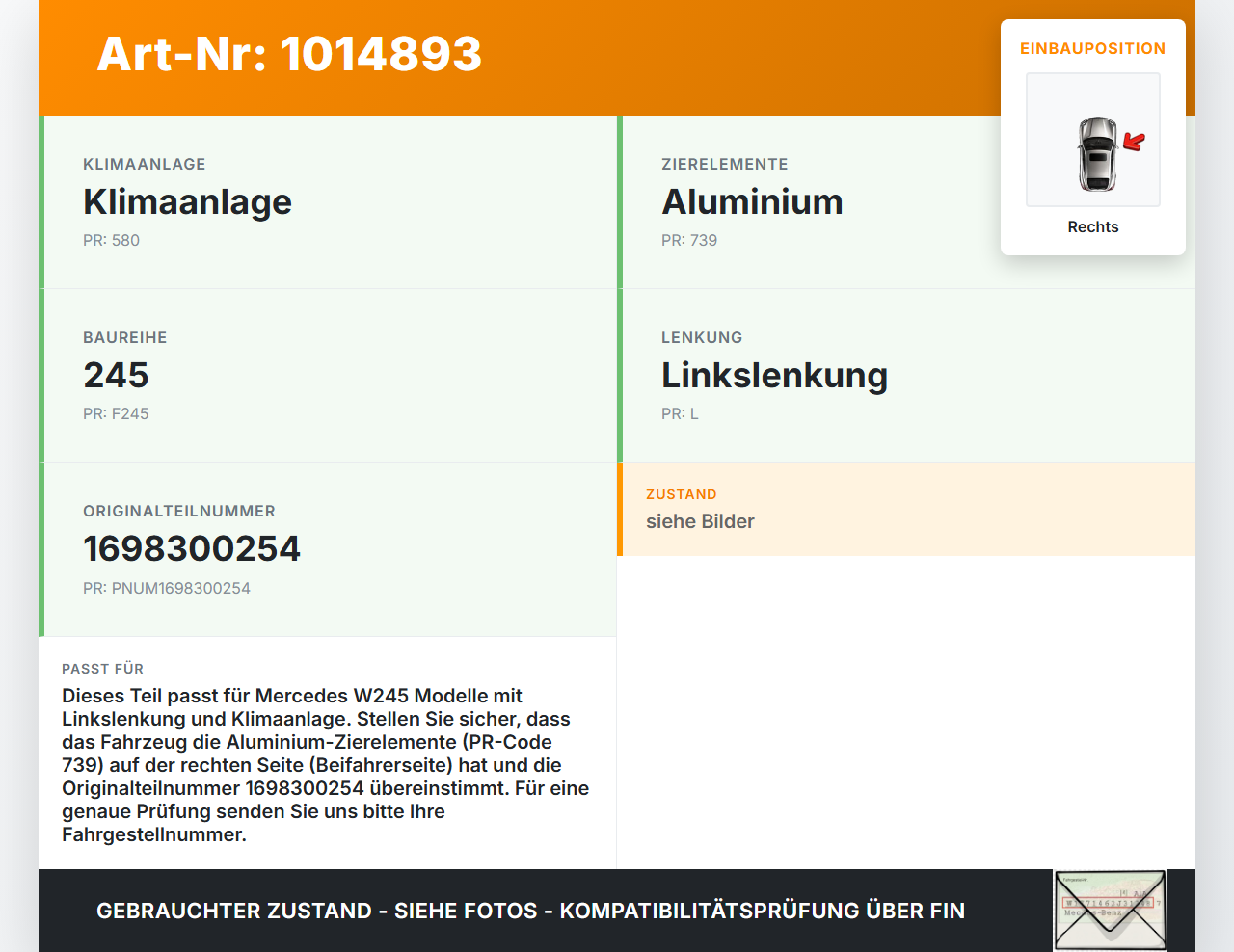 Mercedes W245 B180 08-11 Luftdusche Luftdüse Rechts Mercedes W245 B180 08-11 27.07.2011 A1698300254 1698300254 gebraucht Vorschau 3
